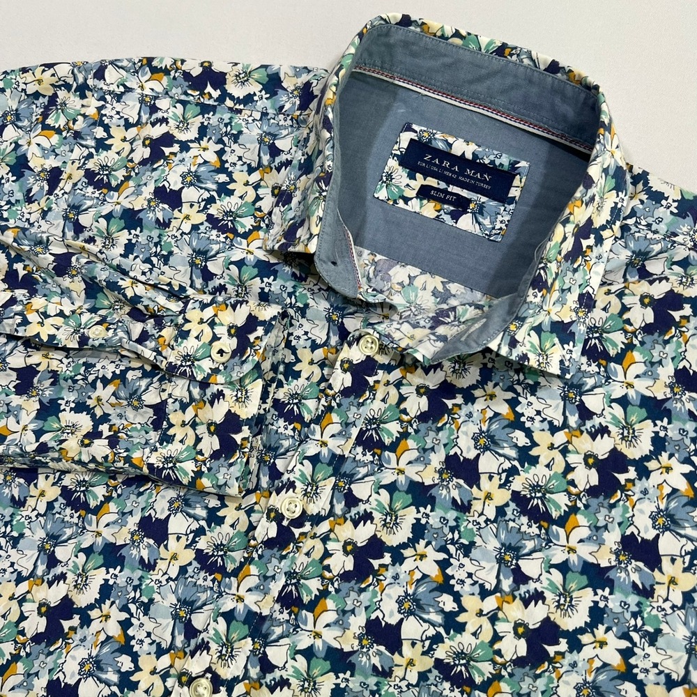 Zara Man Shirt Mens Large Slim Fit Floral Flower Pattern Blue Green Long Sleeve‎